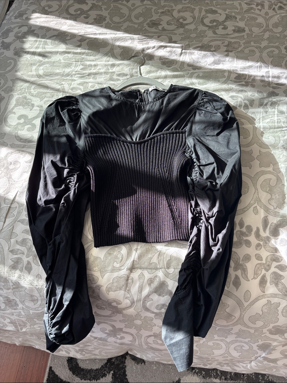 Zara Black Puff-Sleeve Ribbed Crop Top - Picture 8 of 8